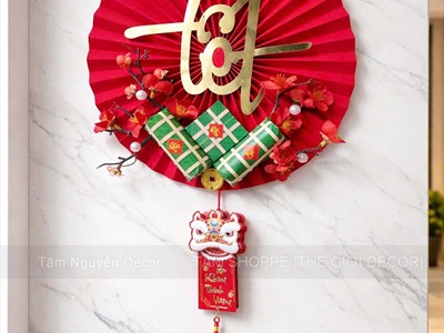 Vòng treo cửa Quạt giấy nhung Đỏ Tết bánh chưng xanh [3 kiểu - Nhẹ] N30cm VTC-T-47